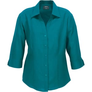 A teal women's 3/4 sleeve shirt with a collared neckline and button-up front. It has a logo on the tag.