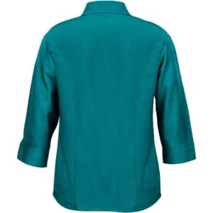 A teal women's 3/4 sleeve shirt with a collar and buttoned cuffs, featuring a logo on the back.