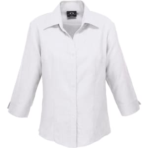 A white women's shirt with 3/4 sleeves and a collared neckline, featuring a logo.