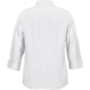 A white women's shirt with 3/4 sleeves and a collar, featuring a logo on the back.