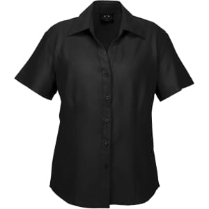 A black short sleeve button-up shirt with a collar and a logo on the chest.