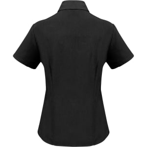 A black women's button-up short sleeve shirt with a fitted silhouette and a collar, featuring a logo.