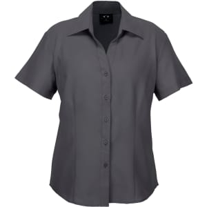 A short sleeve button-up shirt in grey with a collar and a logo on the chest.
