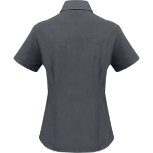 A grey short sleeve button-up shirt with a collar and fitted design, featuring a branding logo.
