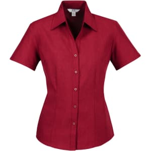 A women's short sleeve button-up shirt in a rich burgundy colour, featuring a tailored fit and a collar.