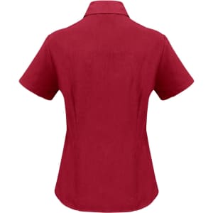 A short sleeve button-up shirt in a rich burgundy colour, featuring a classic collar and a fitted style.