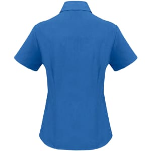 A blue women's short sleeve button-up shirt with a fitted design and a collar, featuring a branding logo.