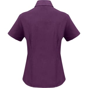 A purple women's short sleeve button-up shirt with a collar and a slightly tailored fit, featuring a logo.
