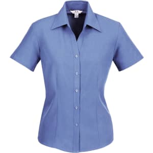 A blue women's short sleeve button-up shirt with a pointed collar and a fitted silhouette, featuring a logo.