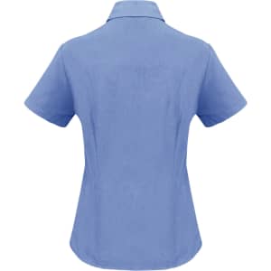 A short-sleeve blue button-up shirt with a fitted design, featuring a collar and a logo.
