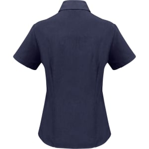 A navy blue women's short sleeve button-up shirt with a collared neckline and a fitted design at the back.