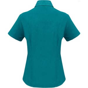 A teal short sleeve button-up shirt with a fitted silhouette and a collar. It features branding on the back.