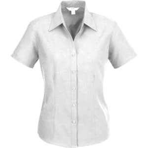 A short sleeve button-up shirt in a light grey shade, featuring a collar and a front button closure.