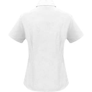 A white women's short sleeve button-up shirt with a collar, featuring a logo on the back.