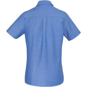 A short-sleeve women's chambray button-up shirt in light blue with a simple design and a logo on the back.
