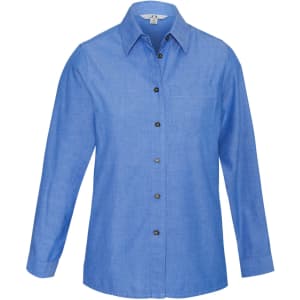 A women's long sleeve shirt in blue chambray fabric, featuring a button-up front and a single chest pocket.