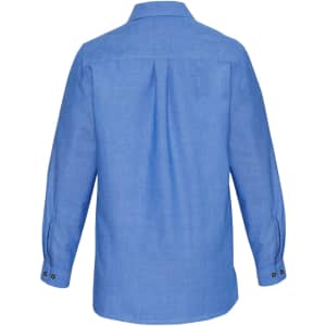 A women's long sleeve chambray shirt in light blue, featuring a button-up design and back pleat.