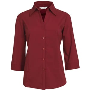 A red women's button-up shirt with 3/4 sleeves and a classic collar design. Features a logo on the label.