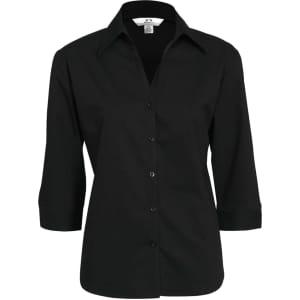 A black women's button-up shirt with 3/4 sleeves and a collared neck, featuring a logo on the tag.