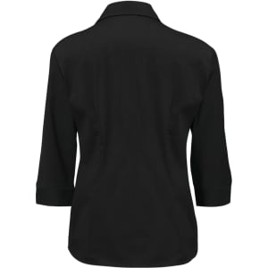 A black Women’s Metro 3/4 sleeve shirt featuring a classic collar and a button-up design.
