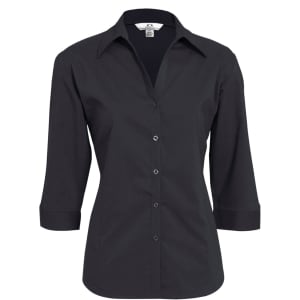 A black women's button-up shirt with 3/4 sleeves and a collar, featuring a button front and a logo.