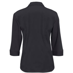 A black women's 3/4 sleeve button-up shirt with a collar and roll-up cuffs. It features a logo.