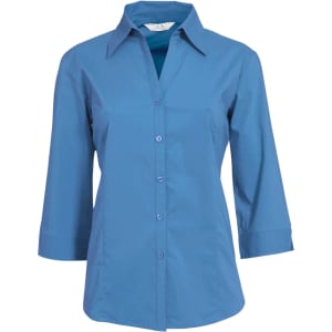 A women's button-up shirt in a vibrant blue with 3/4 sleeves and a collar. The shirt features a branding logo.
