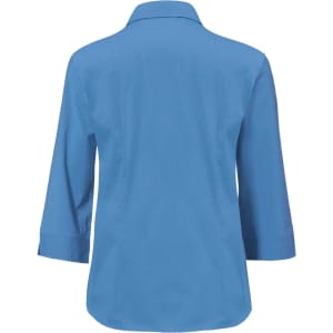 A women's button-up shirt in a solid blue colour with 3/4 sleeves and a collared neckline, featuring a logo.