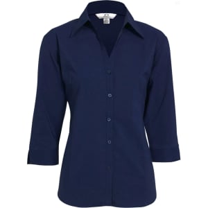 A women's button-up shirt in navy blue with 3/4 sleeves and a collar, featuring a logo on the label.