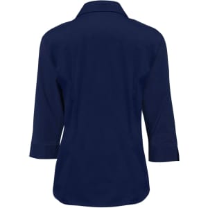A women's navy blue button-up shirt with 3/4 sleeves and a collar. The back is visible with no branding.