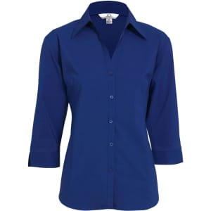 A women's button-up shirt in navy blue with 3/4 sleeves and a collar, featuring a logo on the label.
