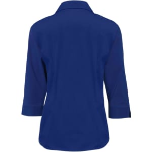A women's button-up shirt in a deep blue colour, featuring 3/4 sleeves and a collar, with a logo at the back.