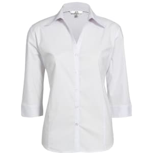 A white women's button-up shirt with 3/4 sleeves, featuring a collar and buttons down the front. It has a logo.