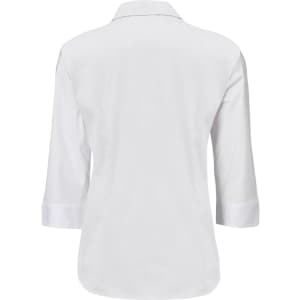 A white women's button-up shirt featuring a 3/4 sleeve and a collared design, with a logo on the label.