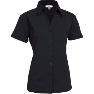 A black short sleeve button-up shirt with a collared neck and a logo on the design.