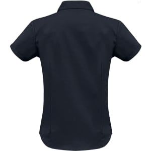 A women's short sleeve button-up shirt in navy blue, featuring a subtle design and a logo on the back.