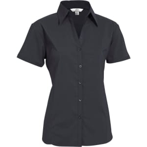 A women's short sleeve button-up shirt in black, featuring a collar and a front button closure.