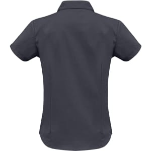 A women's short sleeve button-up shirt in dark grey with a fitted design and a collar. It features a logo.