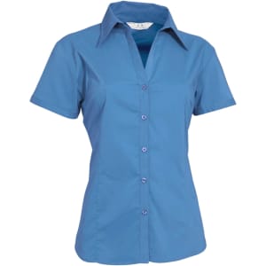 A women's short sleeve button-up shirt in light blue, featuring a collared neckline and buttons down the front.