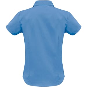 A blue women's button-up shirt with short sleeves, featuring a collar and a plain back design.
