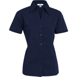 A navy short sleeve button-up shirt for women featuring a fitted design and a collar. Includes a logo.