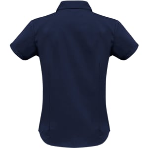 A navy women's short sleeve button-up shirt with a fitted design and a collar, featuring a back seam detail.