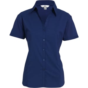 A navy blue women's short sleeve button-up shirt with a collared neckline and buttons down the front.