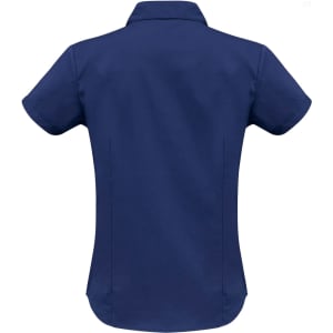 A women's button-up short sleeve shirt in navy blue, featuring a classic collar and a fitted design.
