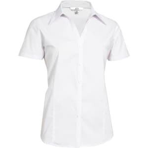 A women's short sleeve button-up shirt in white with a tailored fit and a collar. Features a logo.