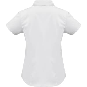 A white women's short sleeve button-up shirt with a collar and a logo on the back.