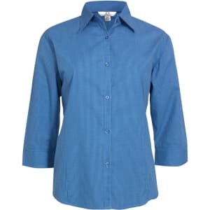 A blue women's micro check 3/4 sleeve button-up shirt with a collared neck and a logo.