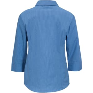 A women's blue micro check 3/4 sleeve button-up shirt, featuring a collar and a logo.