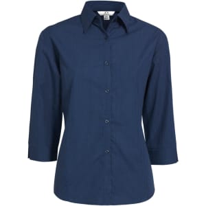 Navy blue women's 3/4 sleeve button-up shirt with a micro check pattern and a logo.