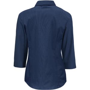 A women's micro check 3/4 sleeve shirt in navy, featuring a classic collar and a back view design.